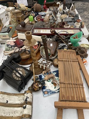 Lot 1466 - Wooden boxes, a teleohone set, cloth dolls,...