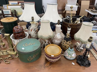 Lot 1478 - Table lamps, brass fire irons, a copper...