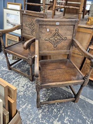 Lot 539 - A pair of Antique oak Wainscott type armchairs...