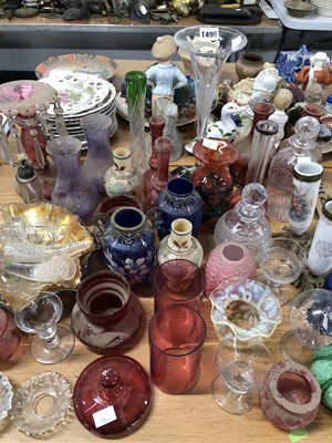 Lot 1496 - A cranberry glass lustre, other coloured glass,...