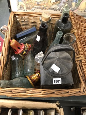 Lot 1501 - An oil lantern, old bottles, electroplate tea...