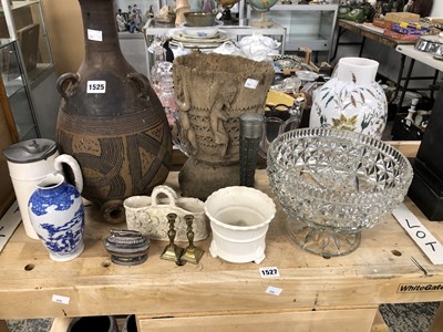 Lot 1525 - A tribal carved wood mortar, glass decanters...