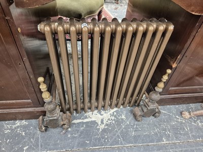Lot 727 - A vintage radiator and a pair of fire dogs.