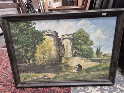 Lot 754 - E. Gough. A castle gatehouse. oil on board.