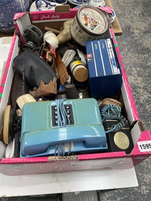 Lot 1595 - Fishing reels, tobacco pipes, a blue telephone...
