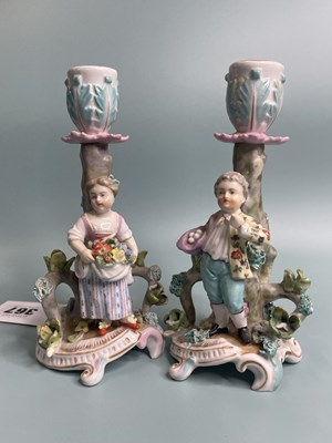 Lot 367 - A pair of Sitzendorf candle sticks
