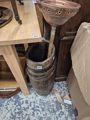 Lot 864 - A brass bound coopered barrel and a wash dolly.