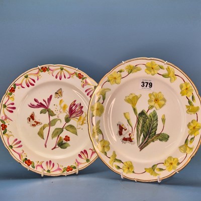 Lot 379 - Three Minton plates painted with honeysuckle,...