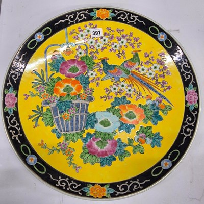 Lot 391 - A Japanese yellow ground dish painted with two...