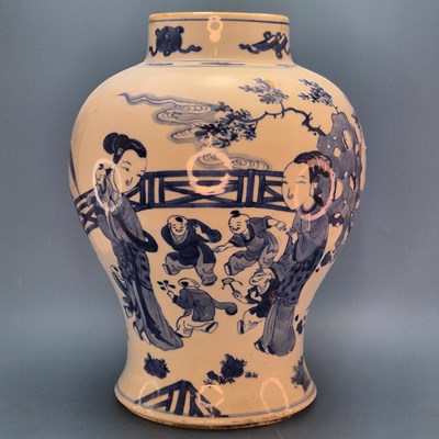 Lot 407 - A Chinese blue and white baluster jar painted...