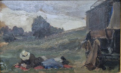 Lot 114 - Edward Seago (1910-1974) ARR, Gypsy caravan....