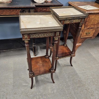 Lot 481 - A pair of French white onyx topped mahogany...