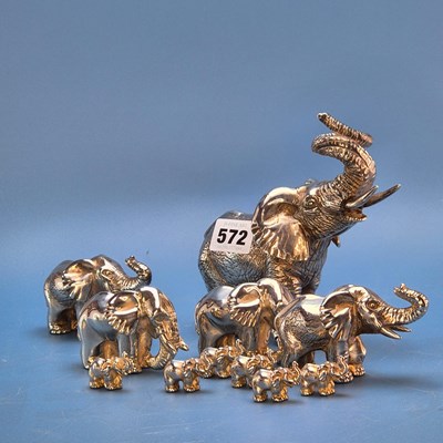 Lot 572 - A troupe of eleven 925 marked silver elephants,...