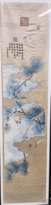 Lot 599 - A Chinese framed silk panel sewn with two bats...