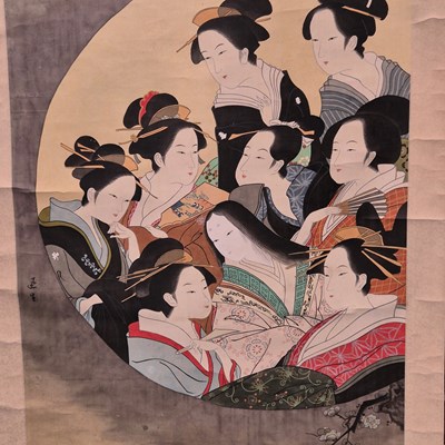 Lot 591 - A large hand-painted Japanese oriental scroll...