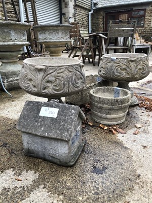 Lot 1263 - A pair of garden pots on moulded supports, a...