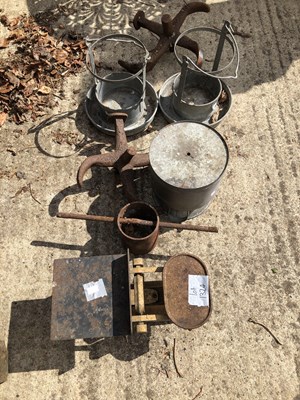 Lot 1324 - Postal scales, a sythe, gavanised items etc.