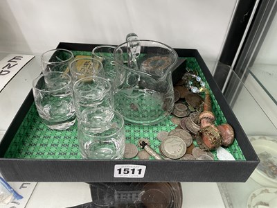 Lot 1511 - Cut glass shot glasses, coins, a pipe, a...