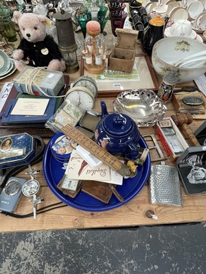Lot 1675 - Clocks, a cotton reel turret, photographs...