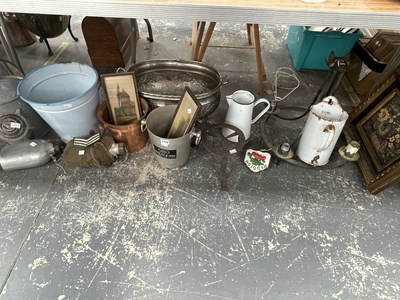 Lot 1715 - Enamel jugs and buckets, a sargent's hip flask,...