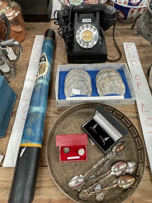 Lot 1732 - A black telephone set, an electroplate tray...