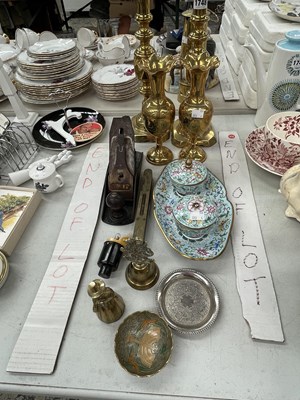 Lot 1748 - Pairs of brass candlesticks and vases, a...