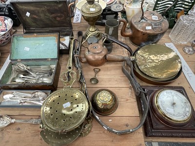 Lot 1755 - A brass chestnut roaster, brass skimmers,...