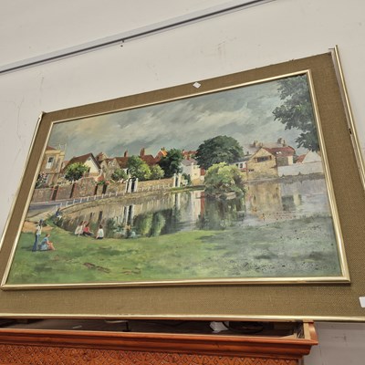 Lot 2226 - A large oil painting, figures seated by a...