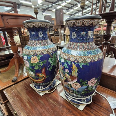 Lot 2245 - A pair of large decorative cloisonne table...