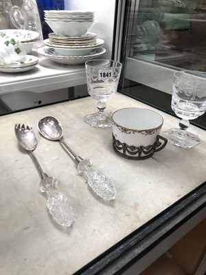 Lot 1841 - A pair of silver and glass salad servers, an...