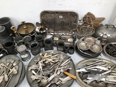 Lot 1873 - Pewter dishes and mugs, electroplate cutlery...