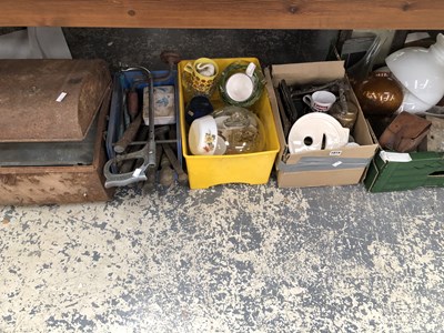 Lot 1919 - A metal chest, tools, a glass cheese bell,...