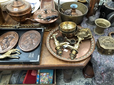 Lot 1971 - A copper samovar, a kettle, a brass jam pan,...