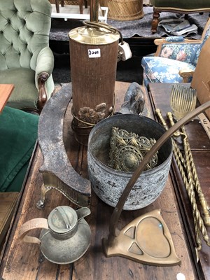 Lot 2001 - A brass planter, a table lamp, brass fire...