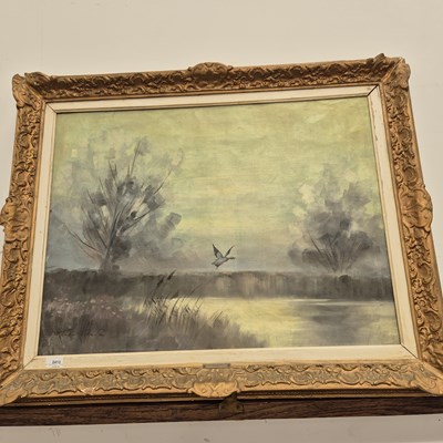 Lot 2413 - Oil on canvas, duck over a lake, signed K....