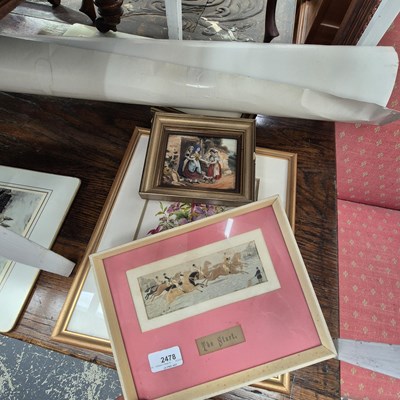 Lot 2478 - A silk work picture of a hunt, prints,...