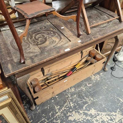 Lot 2485 - A side table with a carved oak top. H 73 W 60...