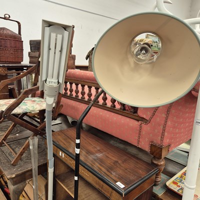 Lot 2491 - Two retro floor lamps and a glass vase.