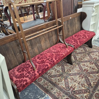 Lot 2649 - Two oak and elm settles with cushion seats. H...