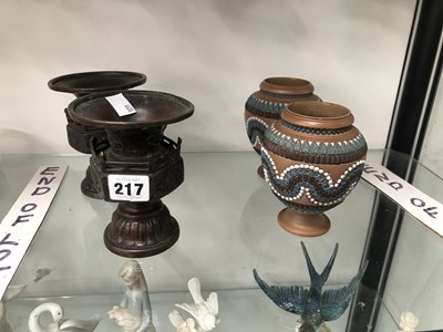 Lot 217 - A pair of oriental bronze archaic form vases...