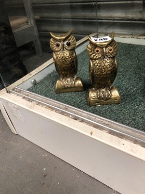 Lot 246 - A pair of cast brass owl figures with glass eyes.