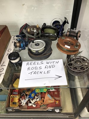 Lot 356 - Collection of fishing reels with rods and...