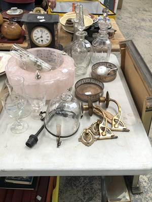 Lot 471 - Glass light shades, decanters, a black slate...