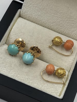 Lot 38 - Two cabochon turquoise earrings in...
