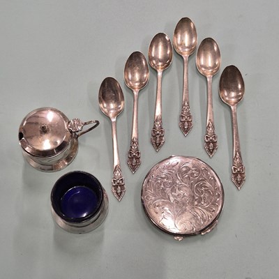Lot 93A - A set of six silver spoons, a salt & mustard...