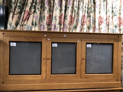 Lot 21 - An oak side cabinet with three frosted glass...