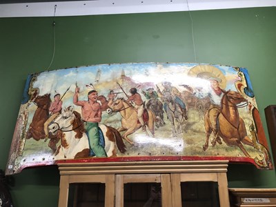 Lot 47 - A wooden board painted with a scene of Indians...