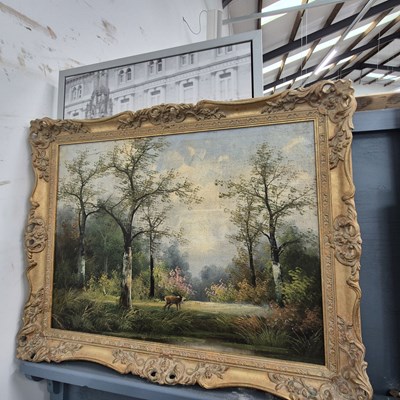 Lot 1439 - A large oil on canvas, stag in woodlands.Frame...