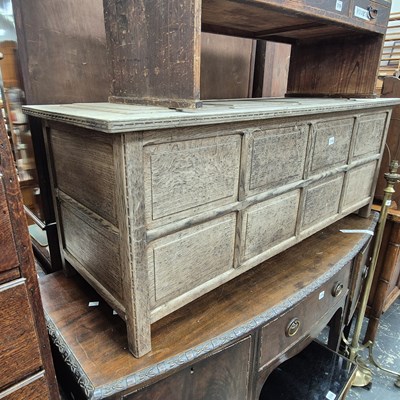 Lot 318 - An antique cotswold school, oak panel coffer....