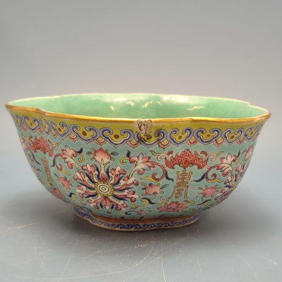 Lot 1411 - A Chinese turquoise ground cinquefoil bowl,...